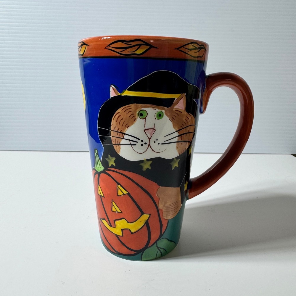 Catzilla Candace Reiter Halloween Cat Pumpkin Latte Mug Hand Painted Ceramic 6in